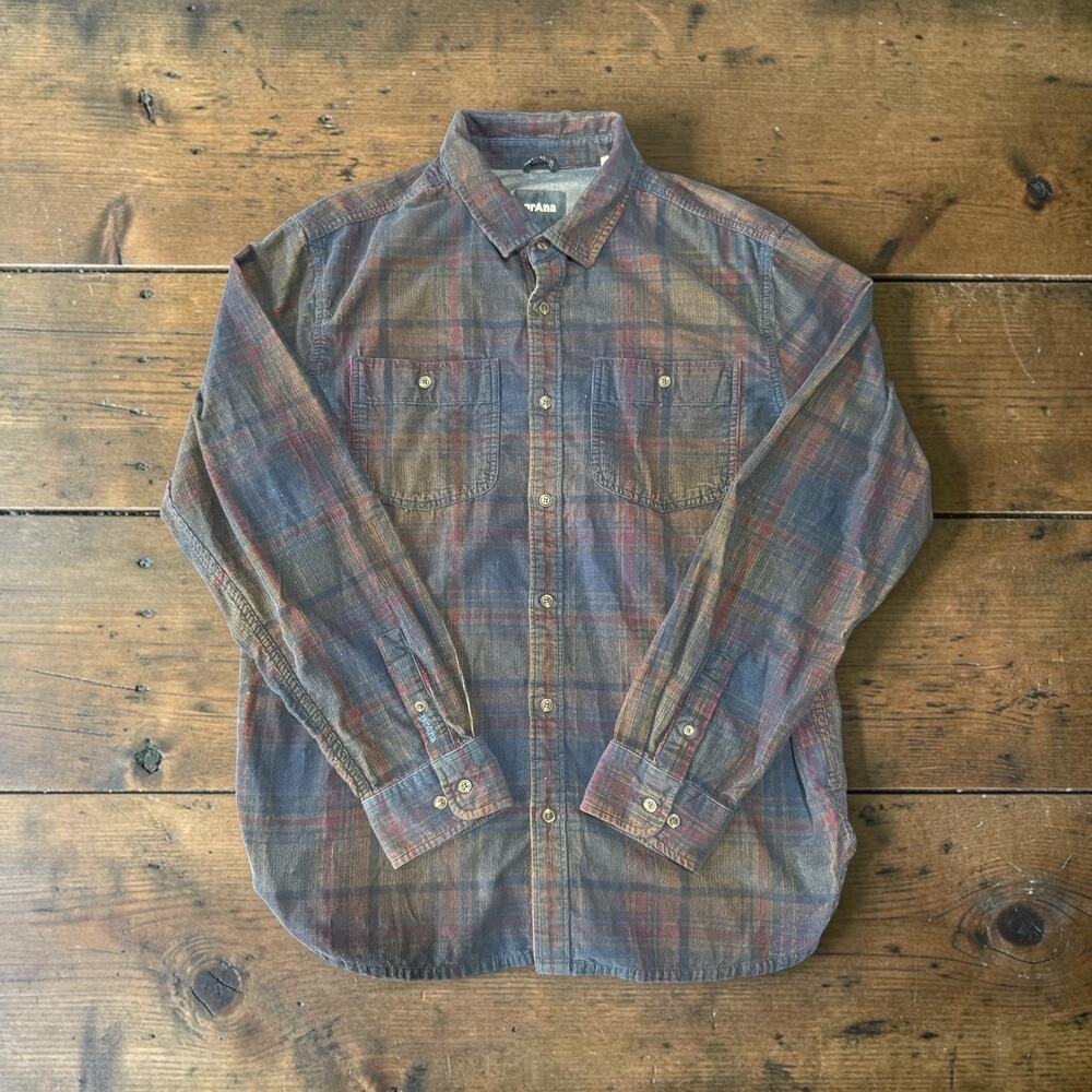 Prana Mens large Corduroy Button Up Shirt Blue Brown Plaid Long Sleeve